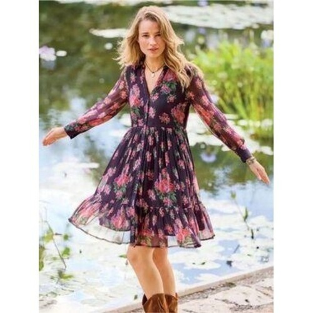Sundance Women‎ Purple Floral Cupro Tiered Mini Dress LongSleeve ButtonFront S